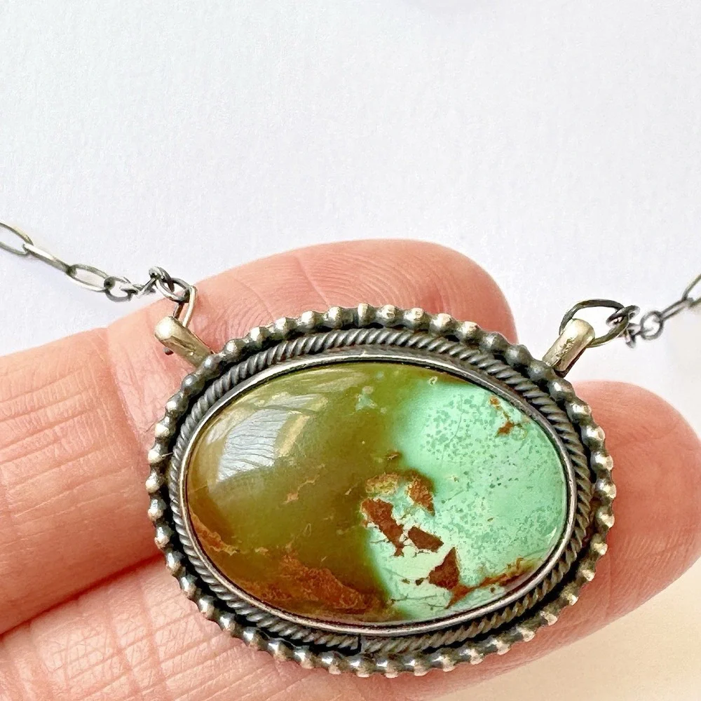 Navajo Royston Turquoise Bar Necklace 14in-20 Adjustable Sterling‎ Signed Skeets